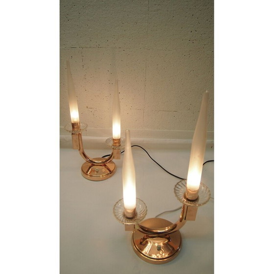 Image 1 of Pair of vintage frosted glass and brass lamps by Genet and Michon, 1940