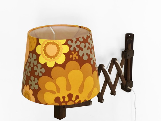 Image 1 of Wall Lamp/Scissor Lamp In Dyed Pine Wood From Translandia. Shade With "Folklore" Print By Göta Trädgårdh. Denmark 1960S