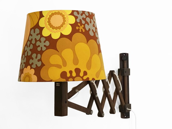 Image 1 of Wall Lamp/Scissor Lamp In Dyed Pine Wood From Translandia. Shade With "Folklore" Print By Göta Trädgårdh. Denmark 1960S