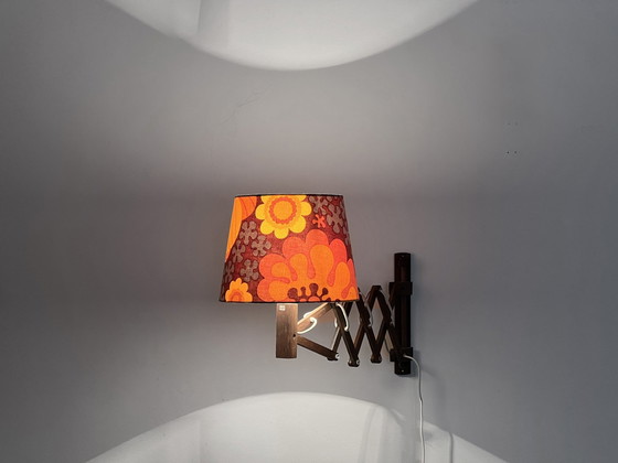 Image 1 of Wall Lamp/Scissor Lamp In Dyed Pine Wood From Translandia. Shade With "Folklore" Print By Göta Trädgårdh. Denmark 1960S