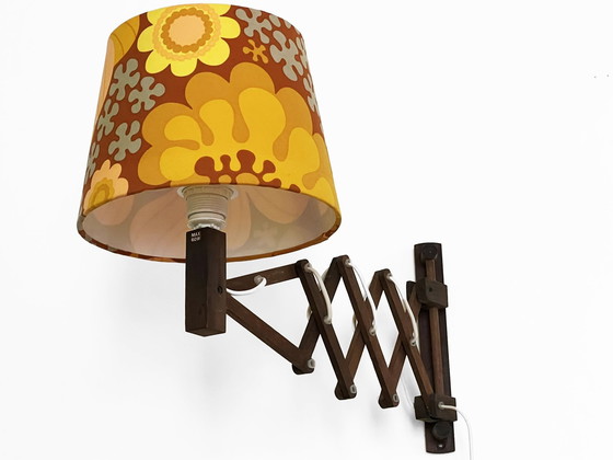 Image 1 of Wall Lamp/Scissor Lamp In Dyed Pine Wood From Translandia. Shade With "Folklore" Print By Göta Trädgårdh. Denmark 1960S