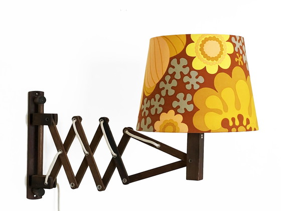 Image 1 of Wall Lamp/Scissor Lamp In Dyed Pine Wood From Translandia. Shade With "Folklore" Print By Göta Trädgårdh. Denmark 1960S