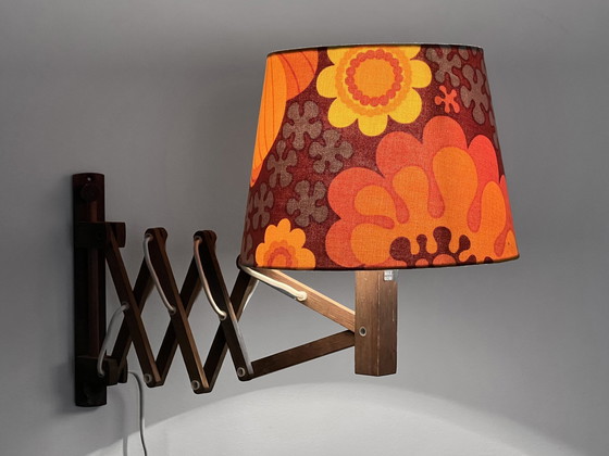 Image 1 of Wall Lamp/Scissor Lamp In Dyed Pine Wood From Translandia. Shade With "Folklore" Print By Göta Trädgårdh. Denmark 1960S