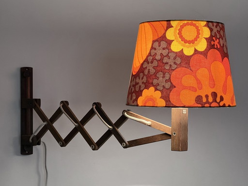 Wall Lamp/Scissor Lamp In Dyed Pine Wood From Translandia. Shade With "Folklore" Print By Göta Trädgårdh. Denmark 1960S