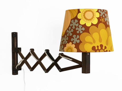 Wall Lamp/Scissor Lamp In Dyed Pine Wood From Translandia. Shade With "Folklore" Print By Göta Trädgårdh. Denmark 1960S