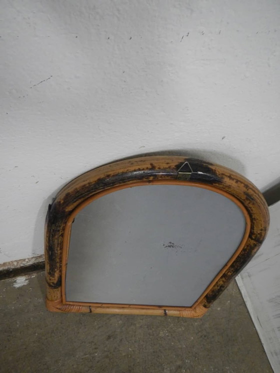 Image 1 of Rounded Top Wicker Mirror. 1960