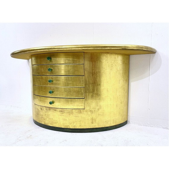 Image 1 of Vintage half moon console with gold leaf drawers and malachite handles, 1980
