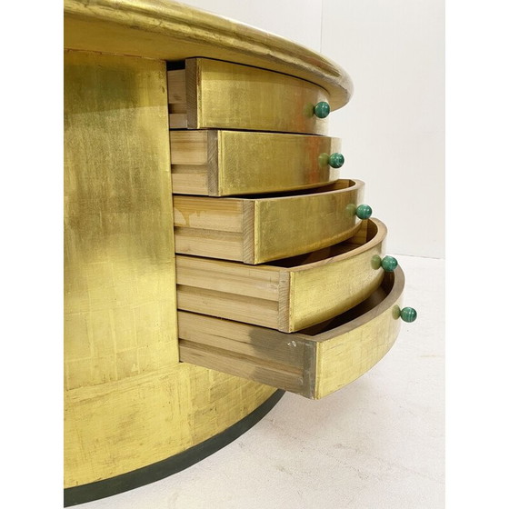 Image 1 of Vintage half moon console with gold leaf drawers and malachite handles, 1980