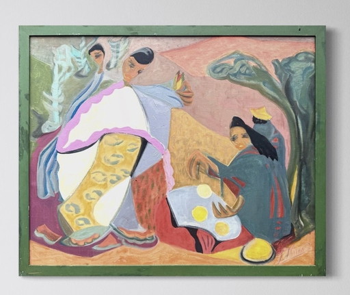 Jacqueline Hans Sublime And Large Expressionist Painting "Marchande De Tortilla" Dated 1963