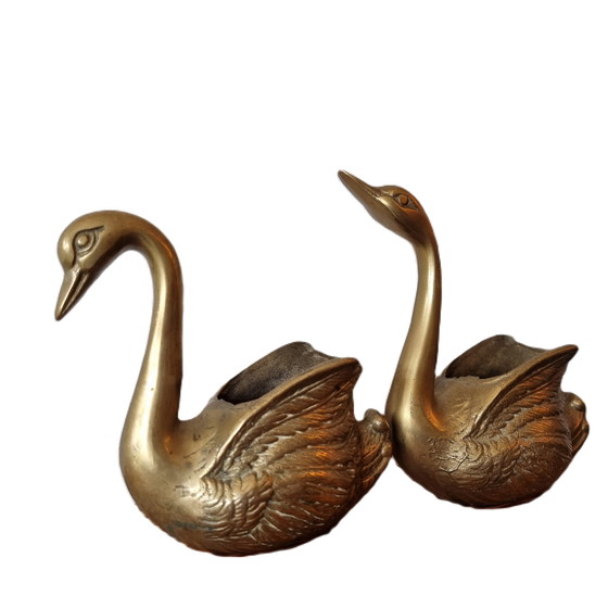 Image 1 of 2x Solid brass swan plant pots