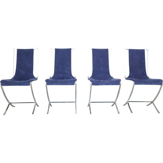 Image 1 of Set of 4 vintage dining chairs in velvet and steel by Pierre Cardin for Maison Jansen, France 1970