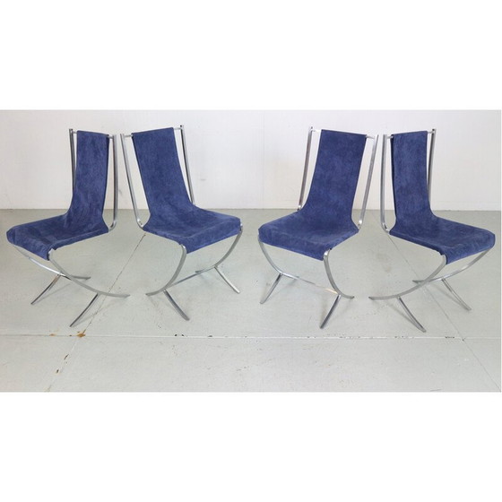 Image 1 of Set of 4 vintage dining chairs in velvet and steel by Pierre Cardin for Maison Jansen, France 1970