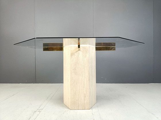 Image 1 of Vintage Octagonal Travertine And Brass Dining Table By Artedi, 1970S
