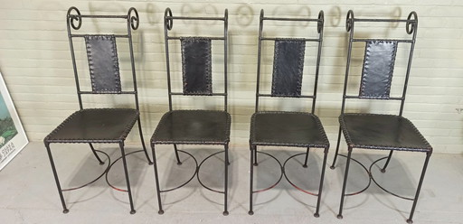 4 Black Wrought Iron And Leather Seats Dining Chairs