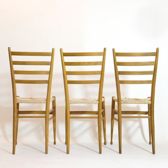 Image 1 of Set of 3 vintage chairs in wood and rope, Italy 1950