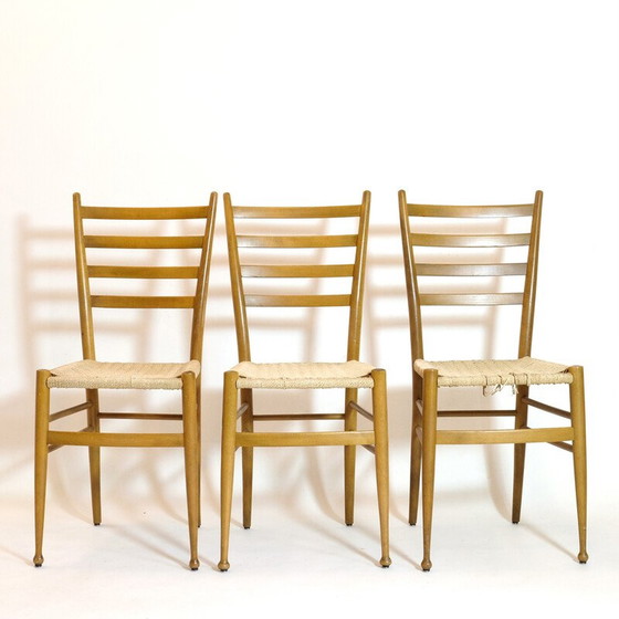Image 1 of Set of 3 vintage chairs in wood and rope, Italy 1950