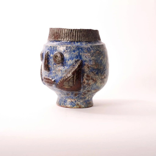 Vase à glaçure bleue des années 1960, "Face"