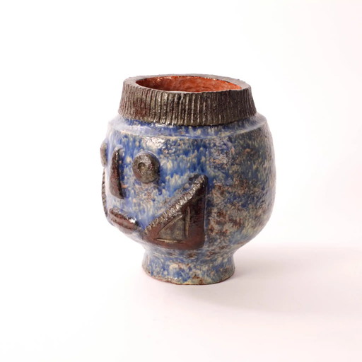 Blue glazed vase from the 1960's, "Face"