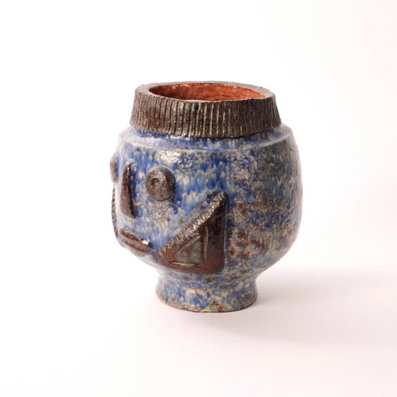 Image 1 of Blue glazed vase from the 1960's, "Face"