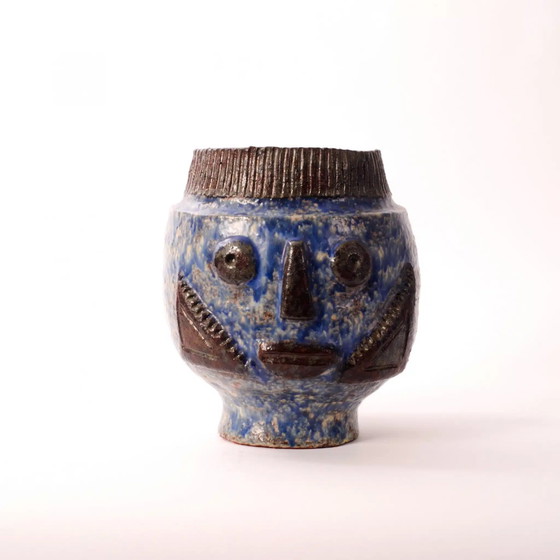 Image 1 of Blue glazed vase from the 1960's, "Face"