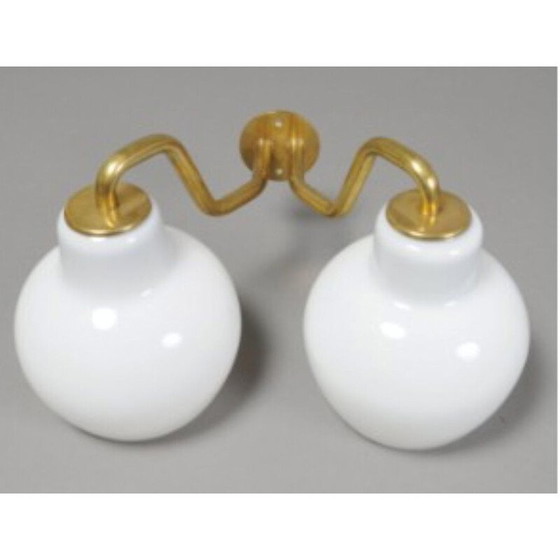 Image 1 of Pair of vintage opal glass and brass wall lamps by Vilhelm Lauritzen for Louis Poulsen, 1950