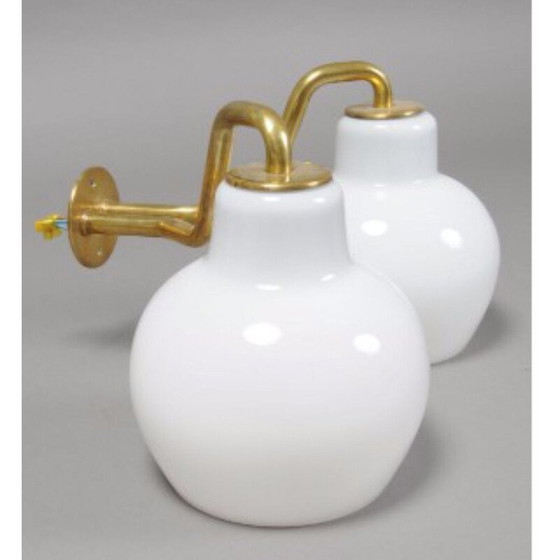 Image 1 of Pair of vintage opal glass and brass wall lamps by Vilhelm Lauritzen for Louis Poulsen, 1950