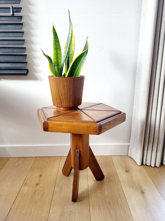 Image 1 of Art Deco Hexagonal Wooden Side Table Or Plant Table, Inlaid Wood Top