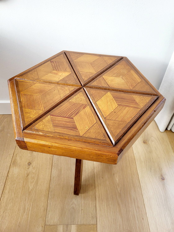 Image 1 of Art Deco Hexagonal Wooden Side Table Or Plant Table, Inlaid Wood Top