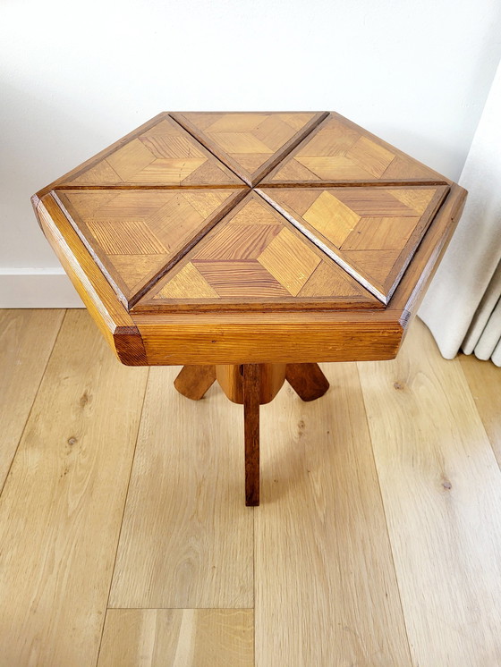 Image 1 of Art Deco Hexagonal Wooden Side Table Or Plant Table, Inlaid Wood Top