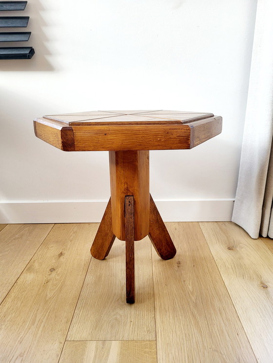 Image 1 of Art Deco Hexagonal Wooden Side Table Or Plant Table, Inlaid Wood Top