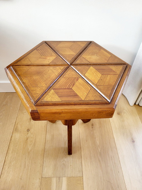 Image 1 of Art Deco Hexagonal Wooden Side Table Or Plant Table, Inlaid Wood Top