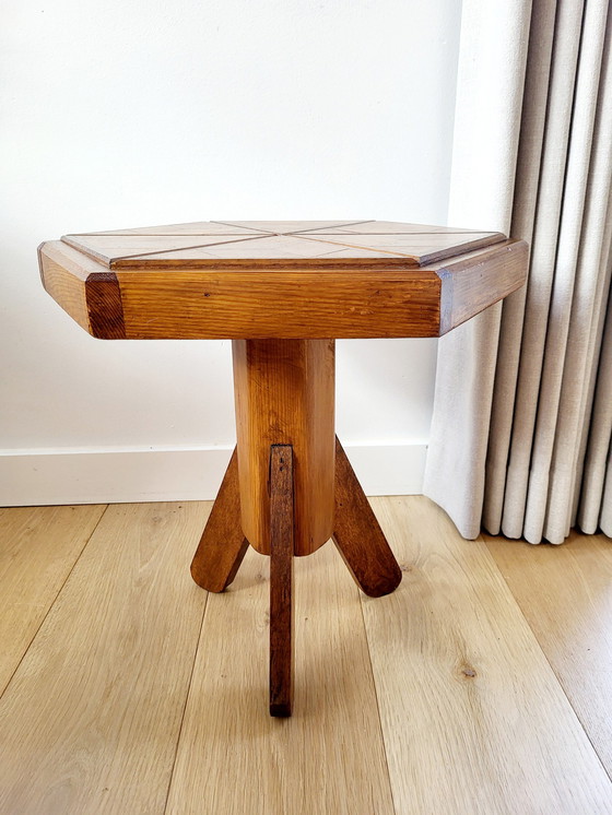 Image 1 of Art Deco Hexagonal Wooden Side Table Or Plant Table, Inlaid Wood Top