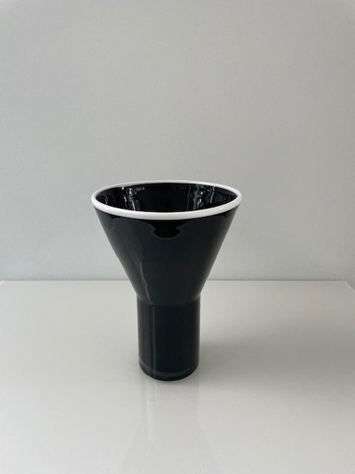 Mouth Blown Italian Design Vase Of Black Glass With White Edge