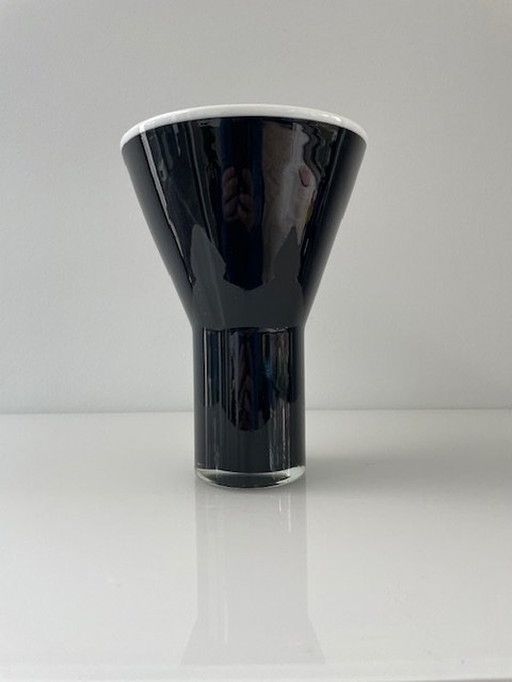 Mouth Blown Italian Design Vase Of Black Glass With White Edge