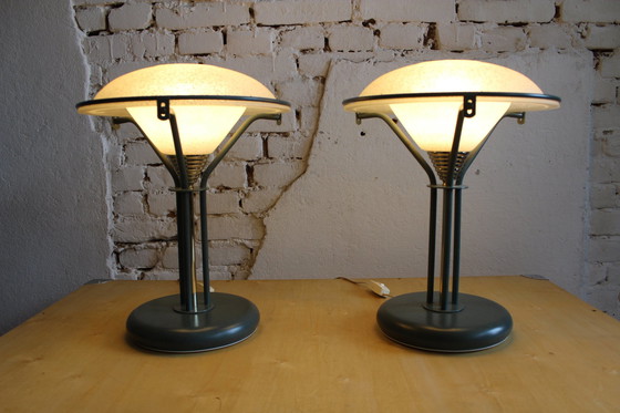 Image 1 of 2x Vintage Table Lamp Frosted Glass Italy 1970s