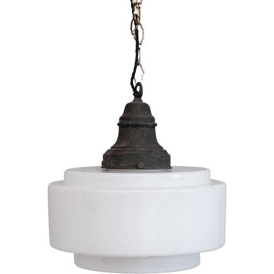 Image 1 of Lampada a sospensione vintage in ottone e vetro opalino, Francia anni '50