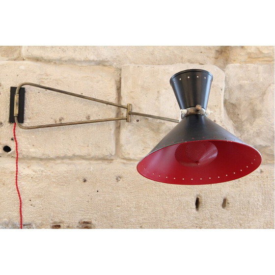 Image 1 of Vintage diabolo wall lamp in black and red lacquered metal by Lunel, 1950