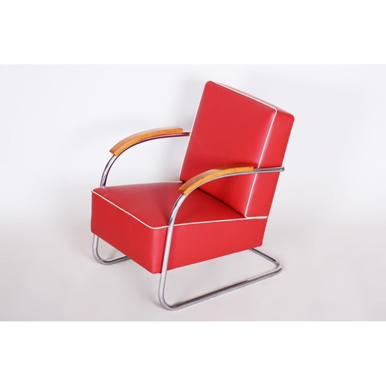 Image 1 of Vintage red leather armchair by Mucke Melder, Czechoslovakia 1930s