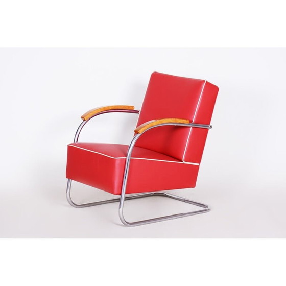 Image 1 of Vintage red leather armchair by Mucke Melder, Czechoslovakia 1930s