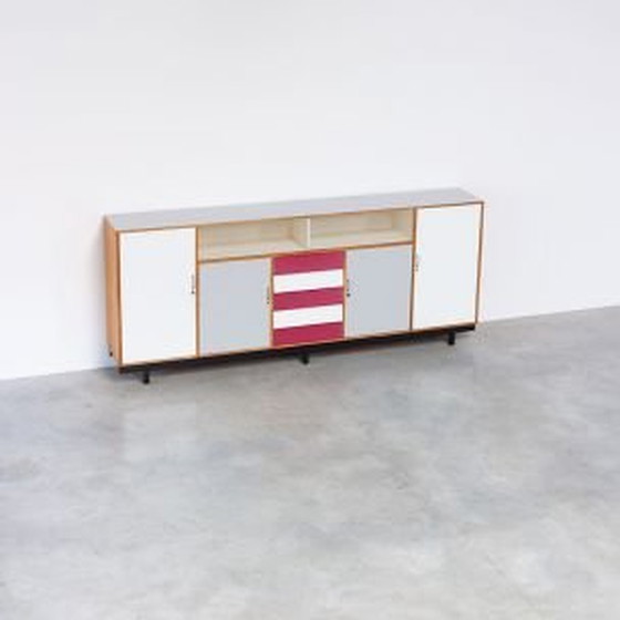 Image 1 of Vintage sideboard in beechwood and red formica, 1950-1960