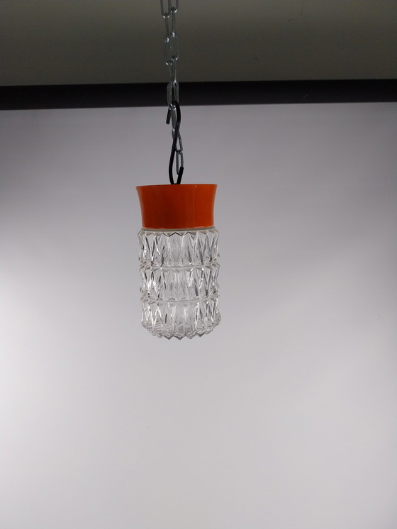 Image 1 of 1 X 1970's Glass And Orange Metal Hallamp Ceiling Lamp