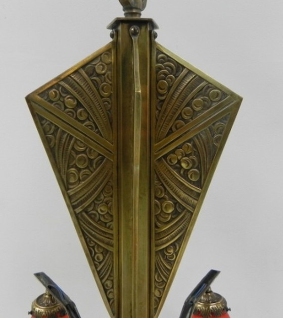 Image 1 of Brass art deco hanging lamp with 5 "pates de verre" shades