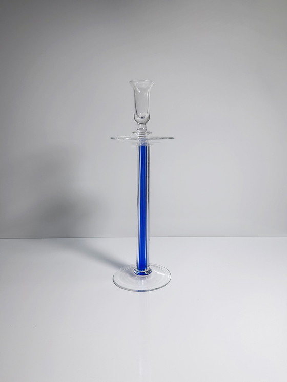 Image 1 of Vintage Glass Candlestick Ivv Italy Postmodern Industria Vetraria Valdarnese Ultramarine Blue 80s 90s Memphis Milano