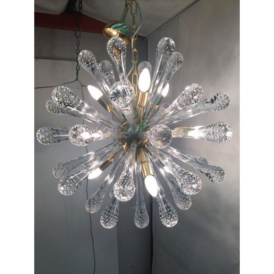 Image 1 of Contemporary Transparent “Drops” Murano Glass And Brushed Gold Sputnik Chandelier