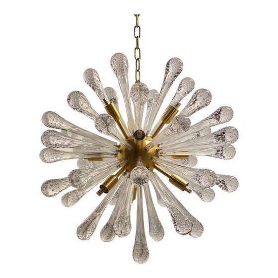 Image 1 of Contemporary Transparent “Drops” Murano Glass And Brushed Gold Sputnik Chandelier