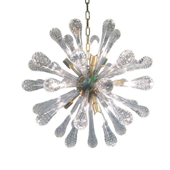 Image 1 of Contemporary Transparent “Drops” Murano Glass And Brushed Gold Sputnik Chandelier