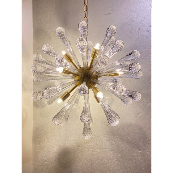 Image 1 of Contemporary Transparent “Drops” Murano Glass And Brushed Gold Sputnik Chandelier