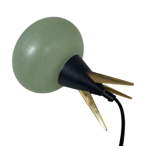 Atomic Age / Mid Century Modern - Lampe tripode avec abat-jour en verre vert sur pieds en laiton