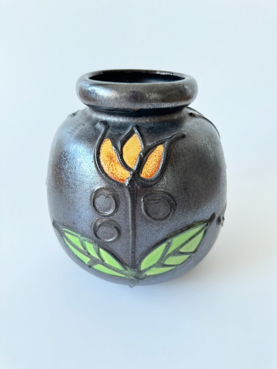 Image 1 of Scheurich 284-19, vaso in ceramica Fat Lava, decoro floreale, forma bulbosa, anni '60, stile moderno di metà secolo, ceramic