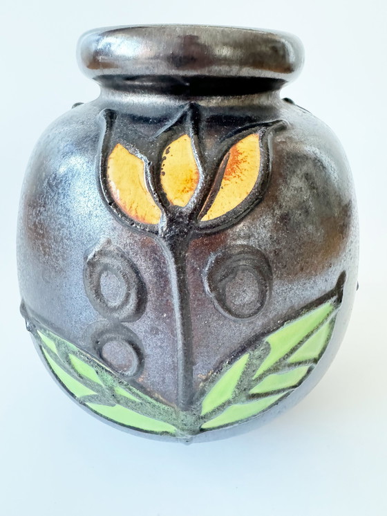 Image 1 of Scheurich 284-19, vaso in ceramica Fat Lava, decoro floreale, forma bulbosa, anni '60, stile moderno di metà secolo, ceramic
